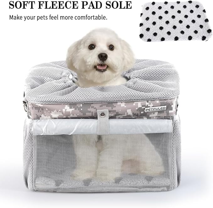 Dog Bike Basket, Pet Bicycle Carrier, Dog Car Seat with Safety Rope, Adjustable Shoulder Strap Portable Breathable Bicycle Basket Bag for Dogs and Cats Up to 15lbs