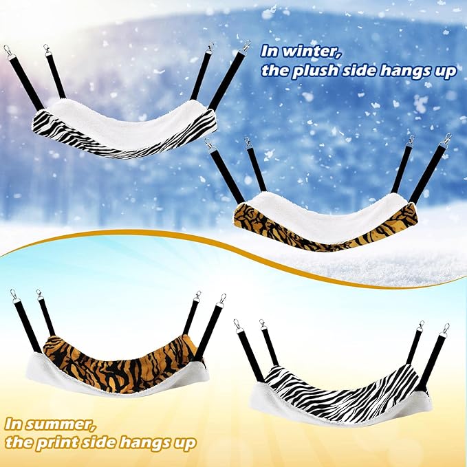 Jetec 2 Pack Cat Hammock for Cage, Catio Accessories Reversible Soft Cats Bed with Adjustable Straps and Hooks Double-Sided Linen and Fleece Hanging Hammock for Cats, Kitten(Zebra, Tiger Stripes,L)