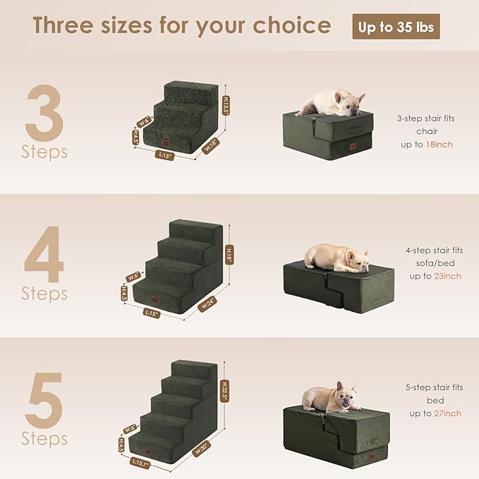 EHEYCIGA Dog Stairs for Small Dogs 13.5" H, 3-Step Dog Steps for Couch Sofa and Chair, Pet Steps for Medium Cats, Non-Slip Balanced Pet Ramp Indoor, Military Green