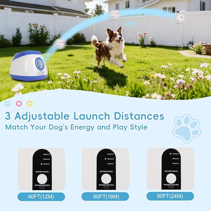 Ball Launcher for Dogs: 3 Adjustable Distance 40-80FT,with 8 2.5" ETPU Balls,Remote Control Interactive Dog Toy,Automatic Ball Throwing Machine for Medium/Large Dogs