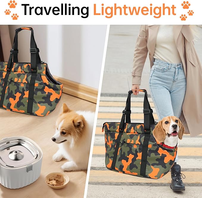 Premium 10mm Padded Dog Purse Carrier for Large Dog, Pet Tote Bag Shoulder Carrying Purse for Dog/Cat Below 7kg/15.5lbs - Camouflage Orange
