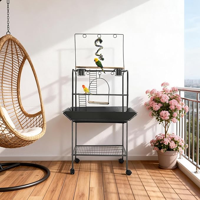 Small Parrot Playstand with Wheels, Bird Stand Activity Play Center with Perches and Ladders, Indoor Outdoor Playground for Birds with Swing Black Hammertone Finish