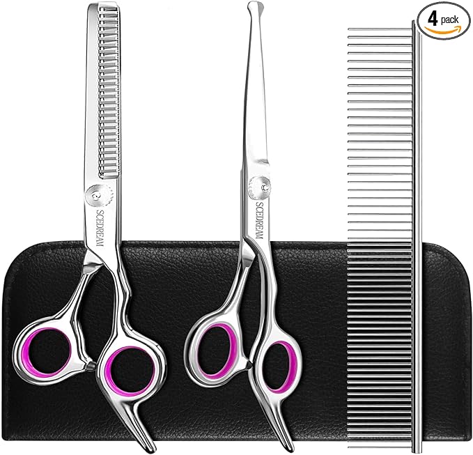 3 in 1 Dog Grooming Scissors for Dogs with Safety Round Tips, Curved Dog Grooming Scissors,Professional Pet Shears Set for Dogs and Cats, Pink