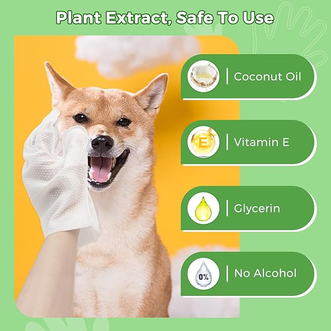 Vannon Extra Thick Pet Bathing Wipes for Dogs & Cats, Cleaning & Odor-Controlling Grooming Gloves, Nourish Fur Glove Wipes for Daily Care and Traveling, Rinse Free, Coconut Scent, 4 Pack, 24 PCS