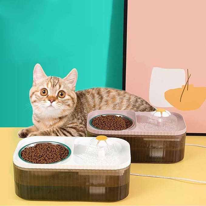 2 in 1 Cat Fountain and Food Bowl, Automatic Pet Water Dispenser, Cat Feeding and Watering Supplies (Filters)