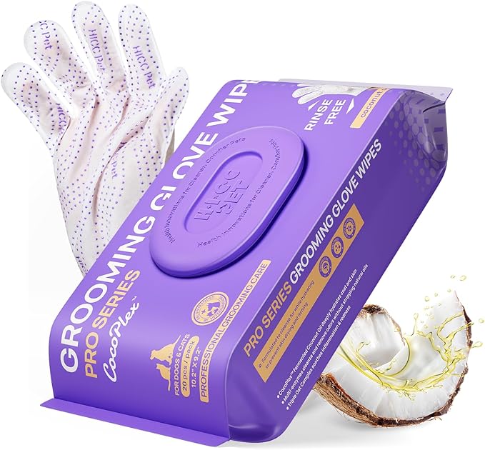HICC PET Glove Wipes Pro – Pet Cleaning Gloves for Dogs & Cats – Infused with Coconut Oil & Plant Extracts – Hypoallergenic, Gentle, Spa-Like Care at Home