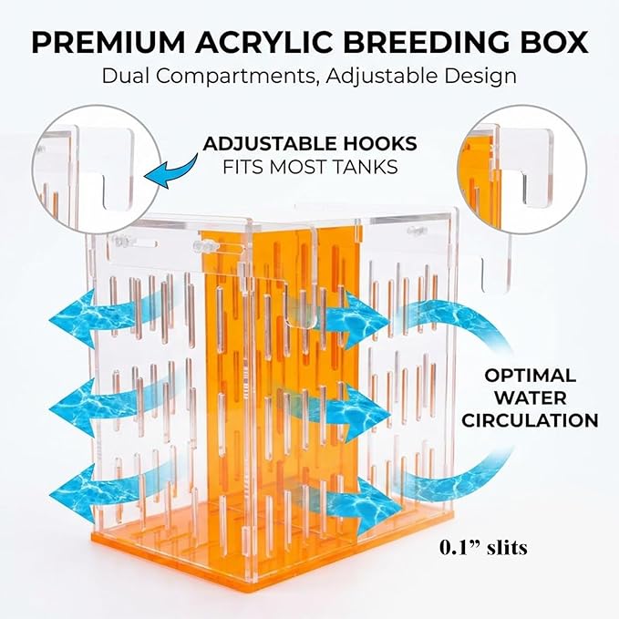 Large Acrylic Breeder Box for Aquarium & Fish Tank, Isolation Breeding Box with Extendable Handle Net - Acclimation Hatchery for Baby Fish, Shrimp, Betta, Guppy (9.45x5.71x8.27 in, Orange)
