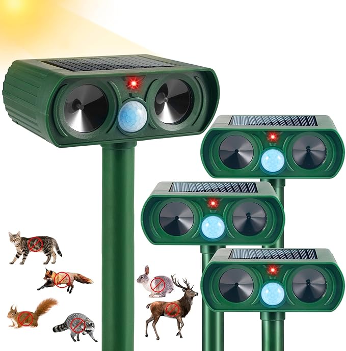 4 Pack Solar Ultrasonic Animal Repellent Outdoor Deer Repellent Devices Waterproof with Motion Sensor Cat,Squirrel,Deer,Dog,Raccoon,Skunk,Rabbit,Coyote Deterrent for Yard Garden Deterrent Device