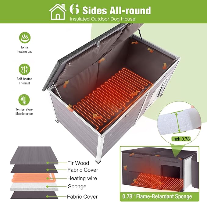 GUTINNEEN Extra Large Heated Dog House Insulated Dog Kennel with Safe Thermostat-Controlled Heating Pad, Chew-Proof Metal Frame, 6-Sided Thermal Liner for Large Dog Breeds, 59.1"x31.9"x35.4" (Grey)