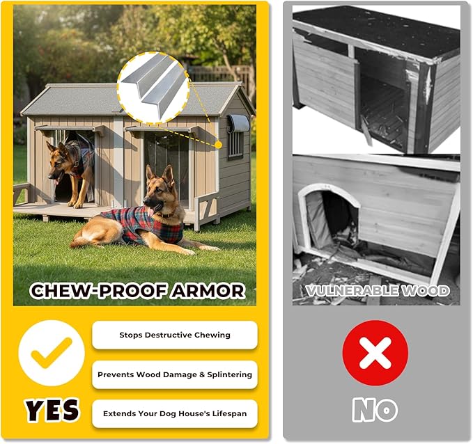 59" Large Dog House for 2 Dogs XL Wooden Dogs House Outdoor with Weatherproof Openable Roof, Window, All-Around Iron Frame, Removable Floor, Large Balcony