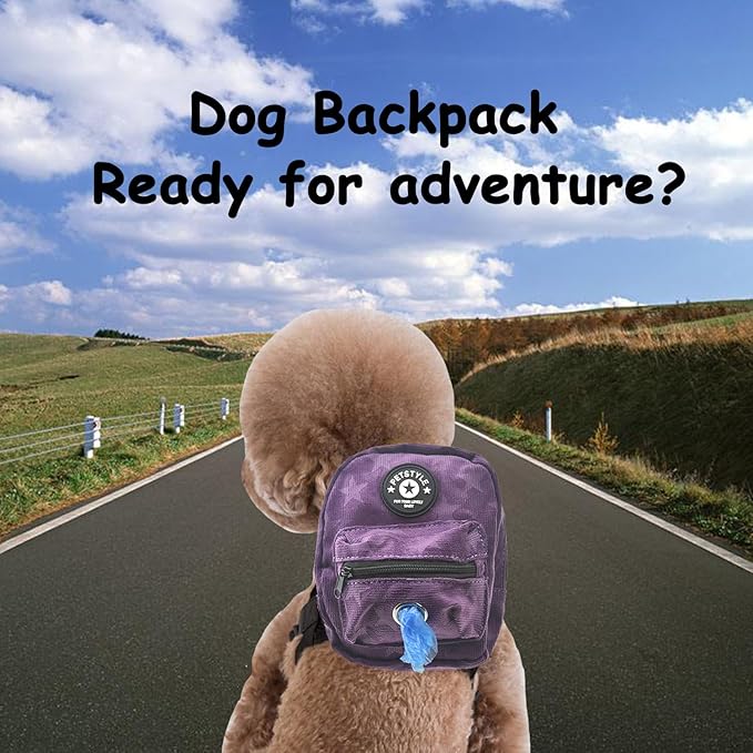 FLAdorepet Dog Backpack Harness with Leash, Dog Poop Bag Dispenser, Pet Self Carrier Adjustable Travel Hiking Walking Harness Backpack for Small Medium Dogs (L(Fit:10-15lb), Purple)