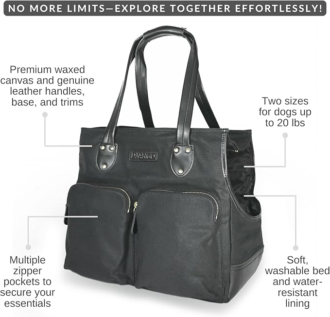 DJANGO Waxed Canvas & Leather Dog Carrier Tote Bag – Premium Soft-Sided Travel Dog Purse with Safety Leash, WR Lining, Zipper Pockets – Everyday Pet Carrier for Small Dogs up to 20 lbs (Black, Large)