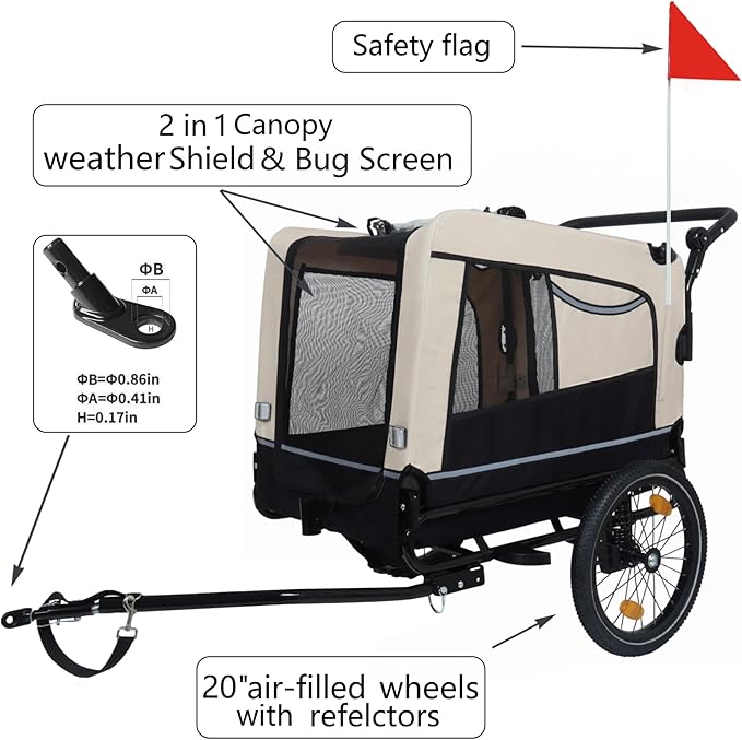 Extra Large 2-in-1 Bike Trailer & Push Cart for Pets - Detachable Bike Hitch & Push Handle Included - All-Terrain Wheels, Quick Release Wheel, Non-Slip Floor, Internal Leash, Holds Up to 88 lbs