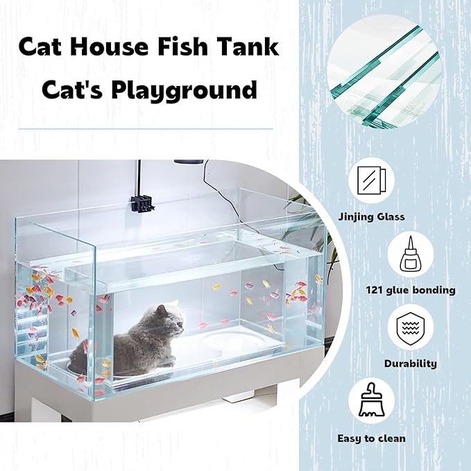 20 Gallon Cat Bed Aquarium Fish Tank - Immersive Viewing Glass Cat Cave, Cat Entertainment Equipment with Tunnel for Indoor Cats, Turtle & Betta（31.5x15.7x17.7in） C 31.5x15.7x17.7in