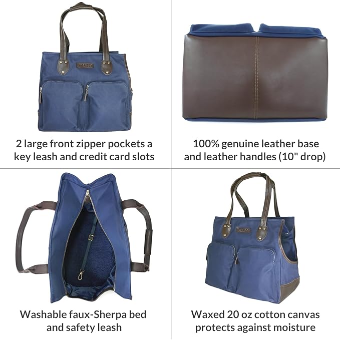DJANGO Waxed Canvas & Leather Dog Carrier Tote Bag – Premium Soft-Sided Travel Dog Purse with Safety Leash, WR Lining, & Large Zipper Pockets – Everyday Pet Carrier for Small Dogs (Navy Blue, Medium)
