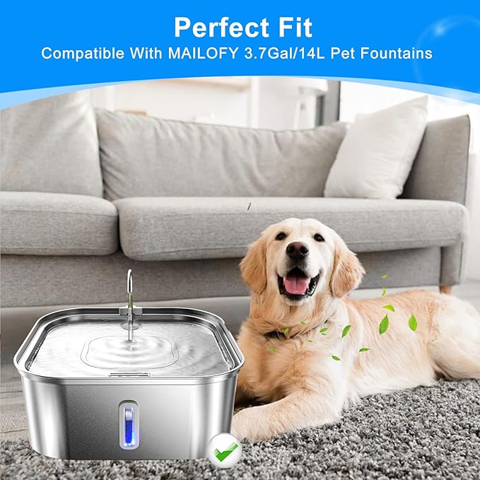 8+8 Pack Pet Fountain Filter Replacement Compatible with MAILOFY 14L/3.7Gal Stainless Steel Dog Water Fountain, 4-Layer Filter System with Activated Carbon for Dog Water Filter Replacement