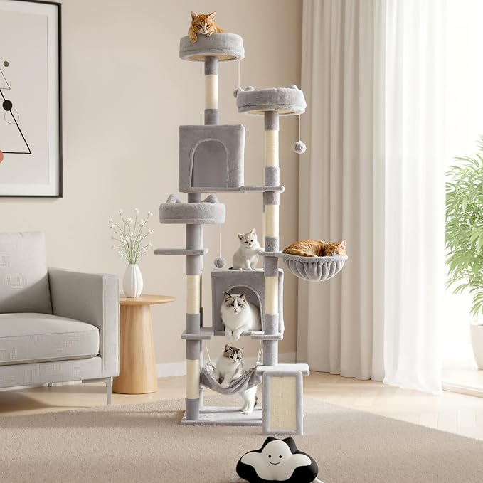 Sweetcrispy Cat Tree 75 Inch, Large Multi-Level Tall Cat Tree Tower with Condo, Perches, Sisal Scratching Posts Board and Hammock, Pet Play House with Dangling Balls for Indoor Cats, Light Grey
