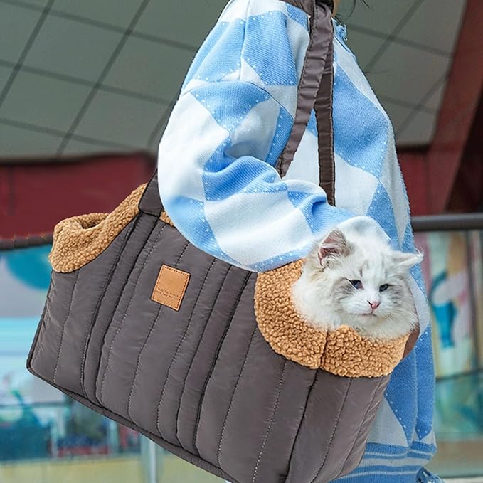Winter Fleece Warm Dog Tote Bag, 2024 New Small Dog Carrier Purse, Waterproof Pet Travel Handbag, Carrier Purse with Secure Harness Clip for Shopping, Hiking and Walking (Grey)