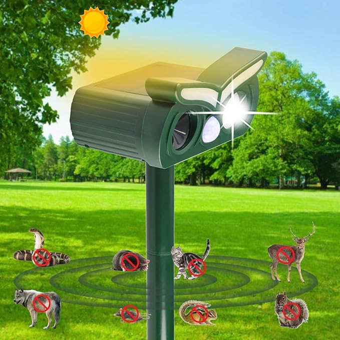 2Pack Solar Ultrasonic Animal Repellent Outdoor Deer Repellent Devices with Motion Detection&Flash Light Squirrel Rabbit Dog Cat Deterrent,Keep Rodent Chipmunk Raccoon Away for Yard