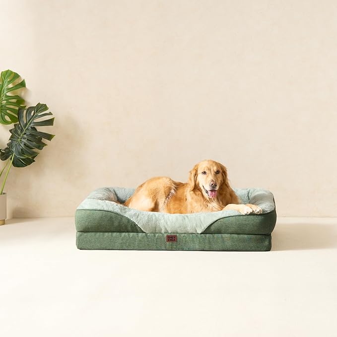 EHEYCIGA Orthopedic XXL Dog Bed for Large Sized Dog, 52x41x8 Inch Extra Large Memory Foam Dog Couch Bed with Sides, Waterproof Liner & Washable Removable Cover, Bolster Pet Sofa, Green