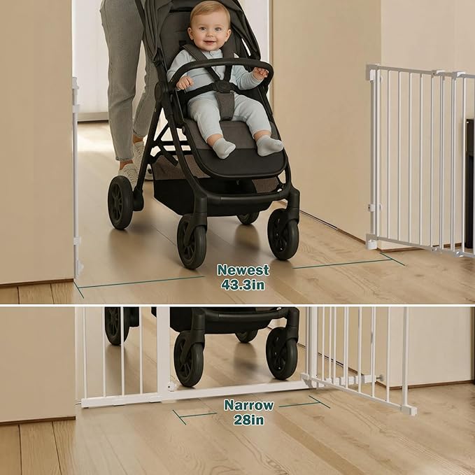 Mumeasy 29.5-43.3" Baby Gate for Stairs, No Bottom Bar Dog Gate with Removable Door & Slide-Adjust Drill Mount, Extra Wide Stairway & Hallway Walk Thru Pet Safety Gate for Doorways, Kitchen (White)