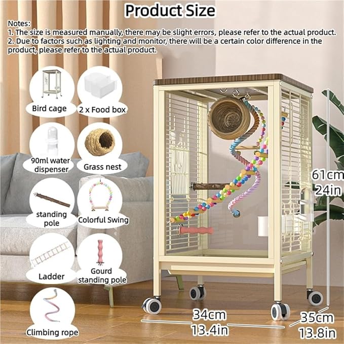 Medium Bird Cage with Rolling Wheels, Modern Clear Decorative Birdcage for Lovebirds, Hill Mynas, Budgerigars, Sun Conures, Munias, White-Eyes(Beige)