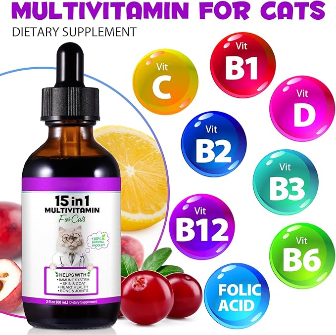 Cat Multivitamin Drops - 15 in 1 Vitamin Supplement for Immune Support, Heart, Bones, Joint, Skin & Coat Health, Bacon Flavor Vitamins for Senior Cats & Kittens (1 Pack, for cat)