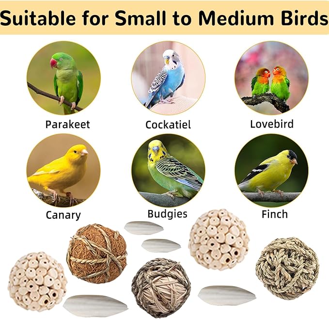 Bird Toys Sola Balls Parakeet Toys Soft Natural Chew Grass Balls with Cuttlebone for Parrots Conures Rabbits Hamster Guinea Pig Chinchilla (Style 1, 10 PCS)