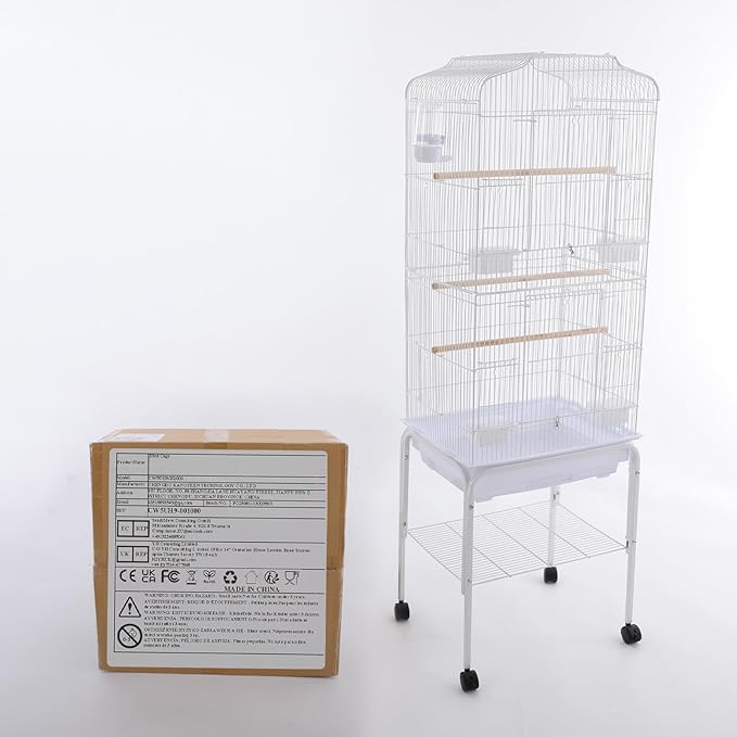 Large Rolling Bird Cage with Stand & Storage Shelf, 4-Tier Stackable Parrot Aviary for Cockatiels, Parakeets & Finches, Metal Birdcage with Slide-Out Tray, Feeding Bowls & Wheels (White)