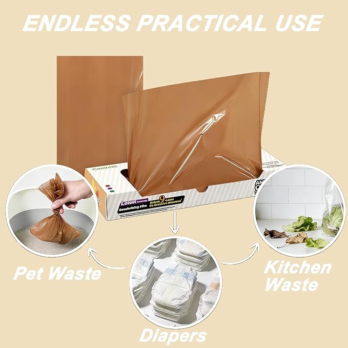 Odor-Sealing Cat Poop Bags L, 90 Count | Durable Unscented Waste Bags for Pet, Diaper, Ostomy & Food Waste Disposal (Brown)