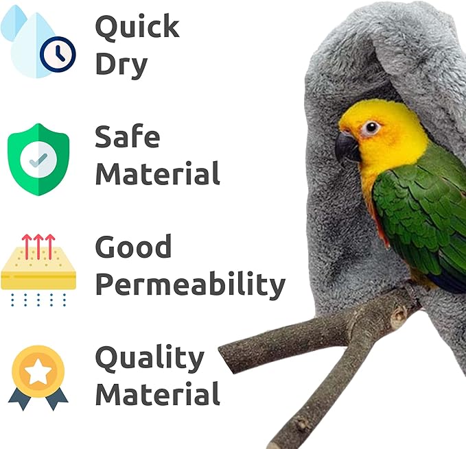 SIMENA Bird Blanket for Cage, Corner Fleece Bed for Birds, Cozy Bird Warmer, Parrot House for Cage, Cuddle Nest Hanging Toy for Lovebirds Parakeet (Grey, Large)