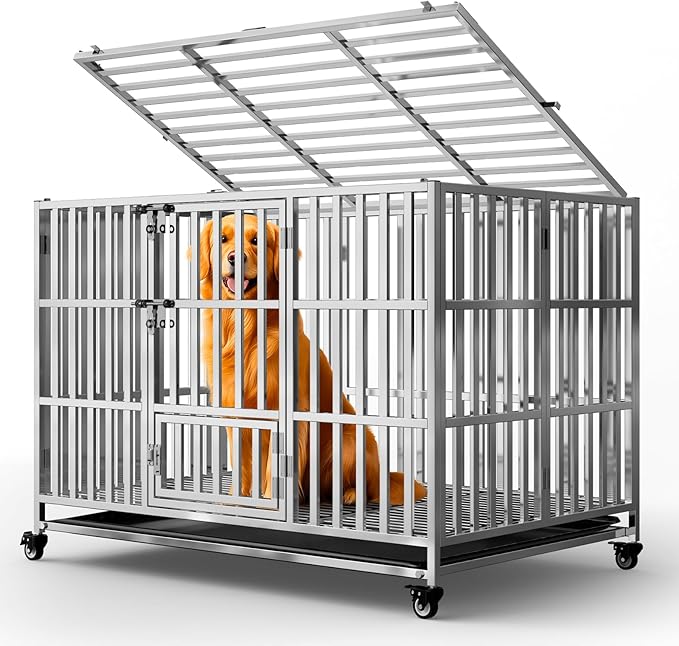42" Heavy Duty Dog Crate, Escape Proof Stainless Steel Dog Kennel with Top Opening, 4 Lockable Wheels, Easy Clean Metal Dog Cage for Large/High Anxiety Dogs