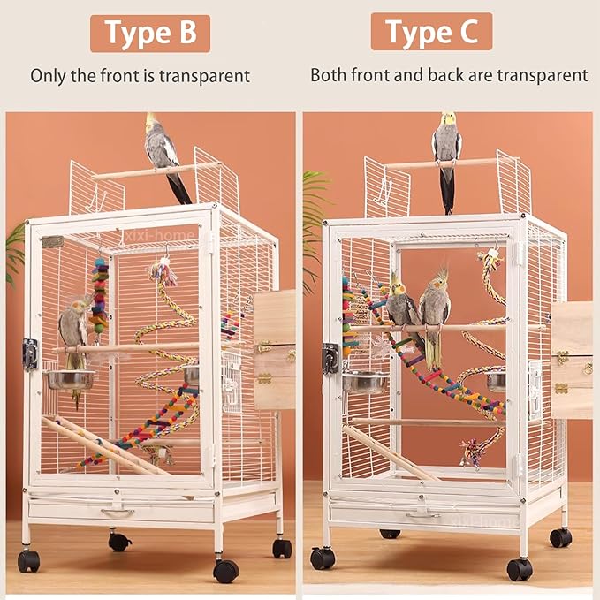xixi-home Parrot Cage,Metal Bird Cage Ornamental Cage -with Play Top and Wheel,Large Birdcage Flight Cages for Outdoors for Parakeet,Lovebirds,Cockatiels(Type C - Pink)