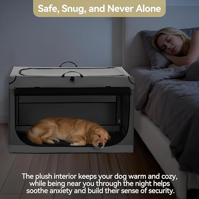 PETSFIT Portable Dog Crate for Medium Large Dogs, – 36" Soft Dog Travel Crates with Lockable Zippers & Thicken Mat, Adjustable Patented Spiral Steel Frame, Collapsible Kennel for Indoor & Outdoor