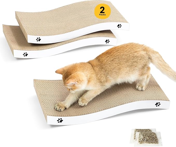 Cat Scratcher, Durable Scratch Pad, Corrugated Cardboard Scratching Board for Indoor Cats, Heavy Duty, Double-Sided Usability, Recyclable, with Catnip, Large, 2 Packs