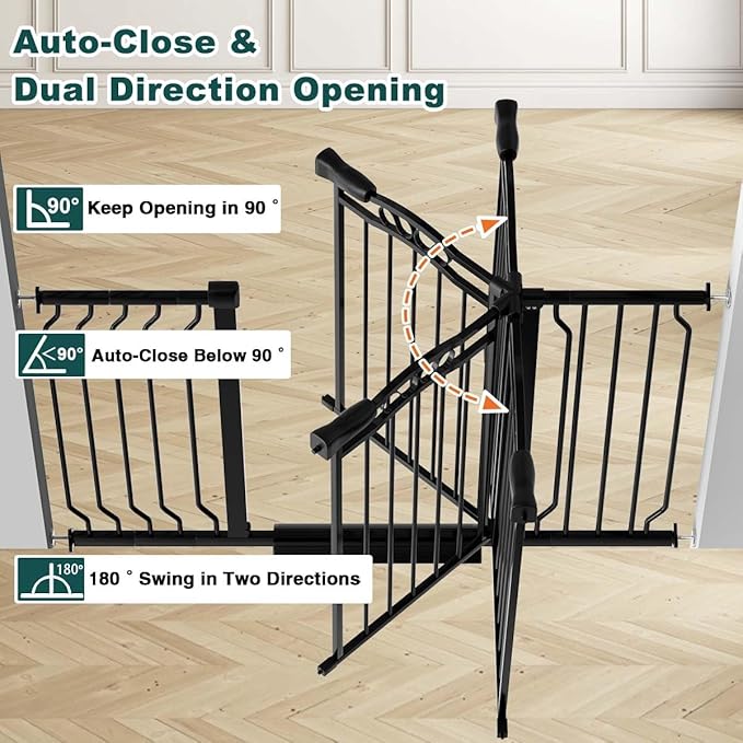 Fairy Baby 29.5"-53.1" Extra Wide Baby Gate for Doorways, No Drill Baby Gate for Stairs Hallway, Pressure Mounted Safety Child Gate Pet Barrier, Walk Thru Auto Close Metal Dog Gate Indoor, Black