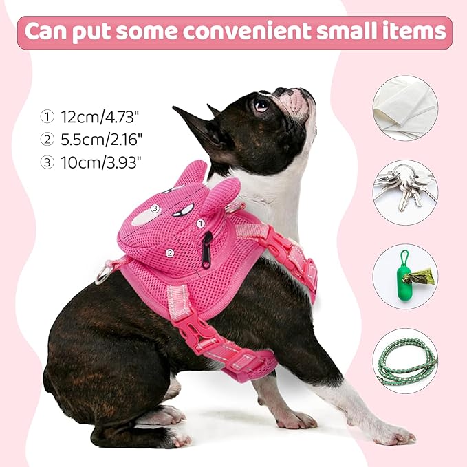 Dog Harness with Backpack, Adjustable Dog Backpack Harness for Small Medium Dogs, No-Pull Breathable Backpacks for Dogs to Wear, for Traveling, Hiking, Camping, Training, Pink M