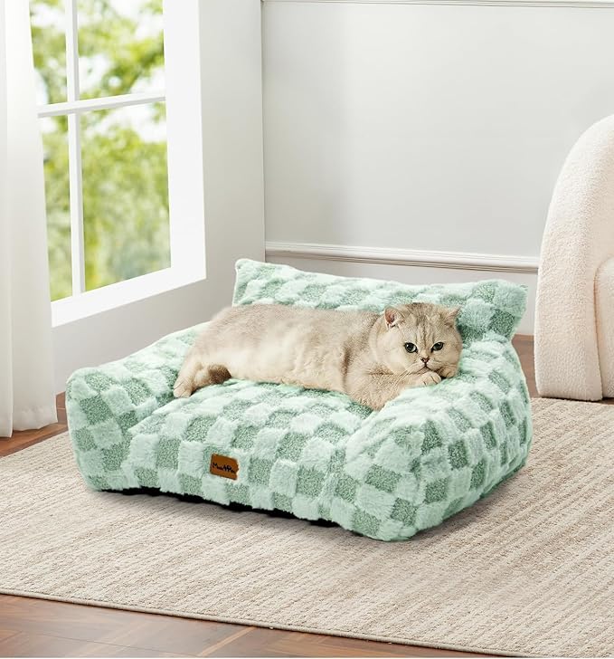 Made4Pets Cat Beds for Indoor Cats, Cat Couch Bed, Soft Faux Fur Checkered Pet Sofa, Calming Fluffy Kitten Sofa with Supportive Foam, Removable Washable Cover with Non-Slip Base, Sage Green, Small