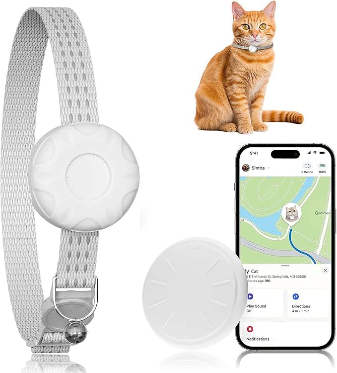 Cat Tracker, MINI GPS Tracker for Cats, No Monthly Fee, Pet Tracker Compatible with Apple Find My App(Only iOS), Real-Time Tracking, Smart Alerts, Up to 1-Year Battery, Waterproof