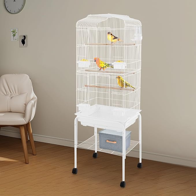 Large Bird Cage with Wheels, Budgie Cage with Bottom Storage Shelf, 54in Tall Bird Cages for Parakeets, Parrot, Cockatiel, Pull-Out Tray&Mesh Bottom (White)