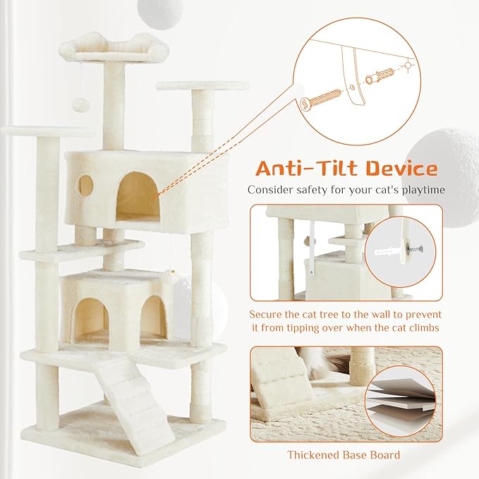 Sweetcrispy 54 Inch Cat Tree Tower, Multi-Level Tower with Cat Scratching Post, Indoor Cat Condo with Climbing Ladder, Plush Toy, Play House for Cat, Beige