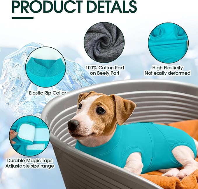 Kuoser Dog Recovery Suit for Dogs After Surgery, Soft Surgical Onesie for Female Male Dogs Spay Neuter, Anti-Licking Pet Bodysuit for Abdominal Wounds, Skin Disease, E-Collar Alternative, Lakeblue XS