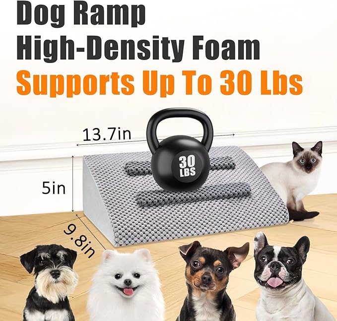 Dog Ramp for Stairs with Anti-Slip Bump for Small & Senior Dogs and Cats – Stair Wedges for Dogs with Gentle Slope, Pet Ramp with Washable Cover & Self-Sticky Pads for Safe Climbing (Gray, 3 Pack)