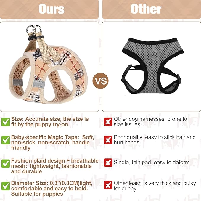 BEAUTYZOO Small Dog Harness and Leash Set,Step in No Choke No Pull Soft Mesh Dog Harnesses Reflective for Extra Small Medium Puppy Dogs and Cats, Plaid Dog Vest Harness for XS S Pets, Beige S