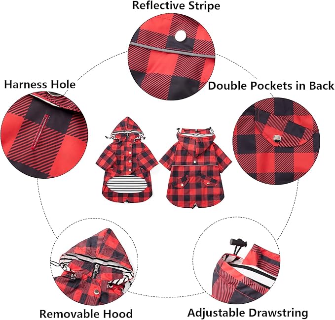 Dog rain Coat Waterproof Raincoat Puppy Jacket with Legs Buttons Zipper Hood Drawstring Fit for Yorkie Terrier Schnauzer Poodle Border Collie Labrador Golden Retriever 8lbs to 80lbs Red M