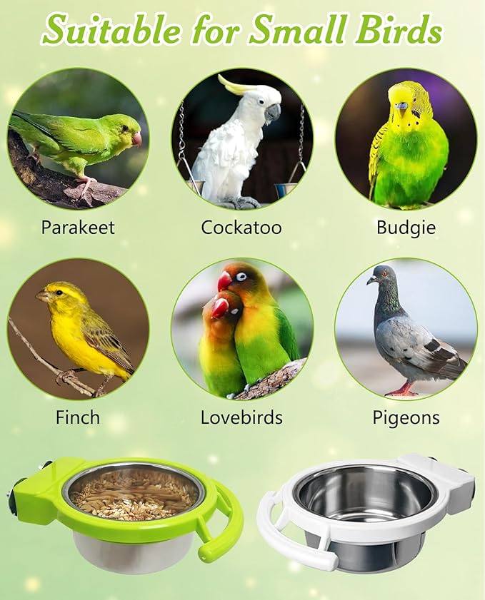 BNOSDM 2 PCS Bird Feeding Dish Cups with Perch Stand Hanging Stainless Steel Bird Bowls Food Container Food and Water Bowls with Spoon for Budgie Cockatoo Finch Lovebirds Pigeons (Green&White)