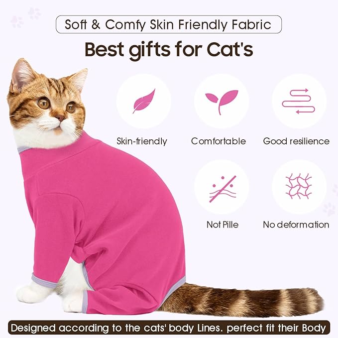 DENTRUN Cat Clothes for Hair Control with Hair Sticky Fabric - Soft Recovery Suit & Breathable Lint-Resistant Cat Sweater for Cats Only, Kitten Onesie Pajamas, L, Bright Pink