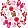 22 Pieces Cute Dog Hair Bows with Elastic Rubber Bands, Small Puppy Hair Accessories with Butterfly Flower Pearls Double Bow for Pets Dogs Cats Hair Grooming for Valentine's Day New Year(Red and Pink)