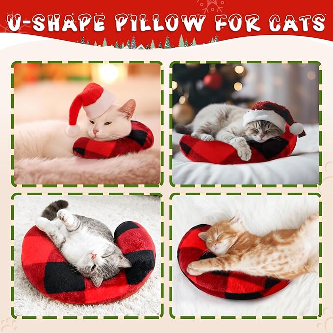 Sweetude 4 Pcs Pillows for Cats Puppy Bed Fluffy Pet Calming Soft Gifts Half Donut U Shaped Pet Neck Pillow Training Joint Relief Cervical Protection(Christmas Red Plaid,Medium)