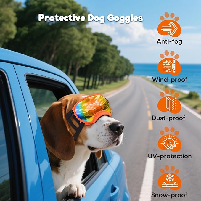 Dog Goggles,UV Protection Dog Sunglasses for Medium-Large Breed,Dogs Eye Protection with Adjustable Strap (Orange)